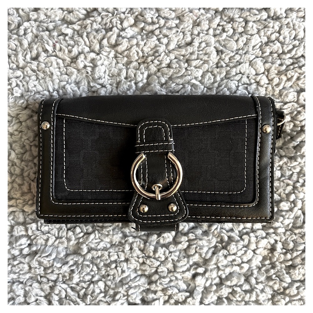 Nine West Black Geometric Print w/ Silver Buckle Tri-Fold Wallet.